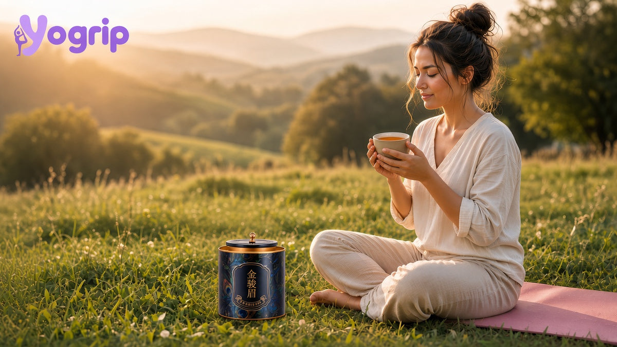 Woman enjoying Yogrip Jin Jun Mei tea after yoga — lifestyle