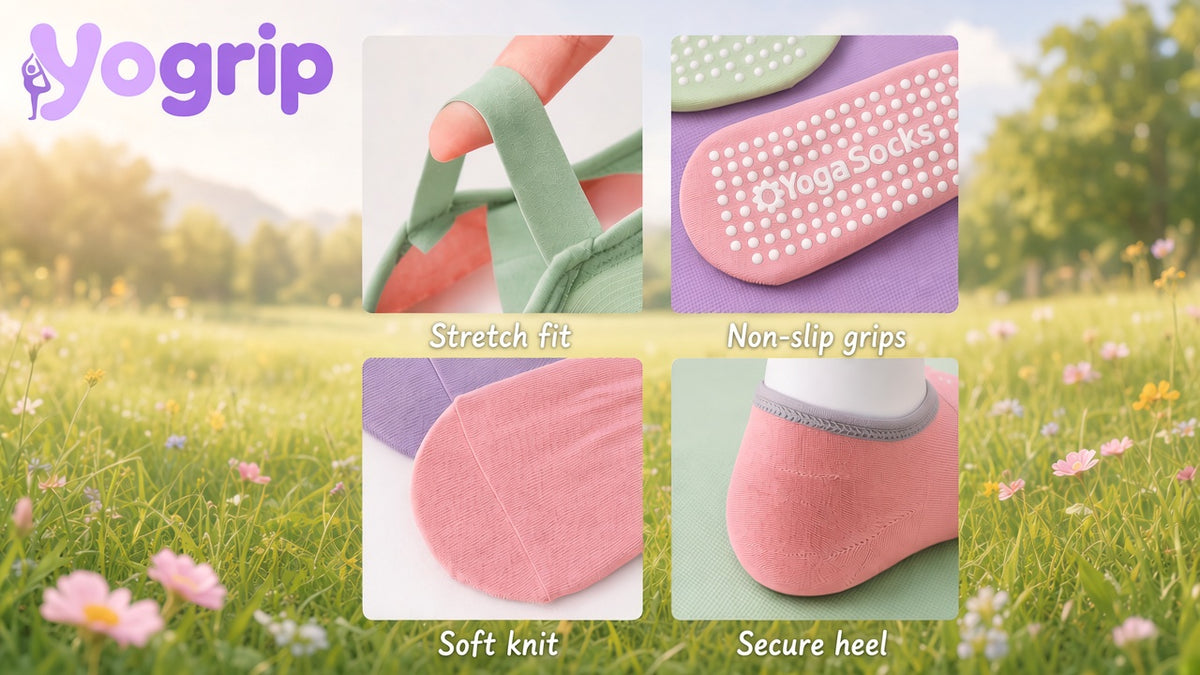 Yogrip grip socks features grassland poster — stretch fit, non-slip grips, soft knit, secure heel