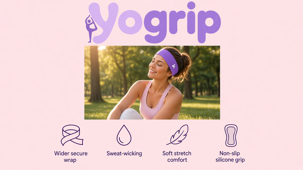 Yogrip headband features — sweat-wicking, soft stretch, non-slip grip