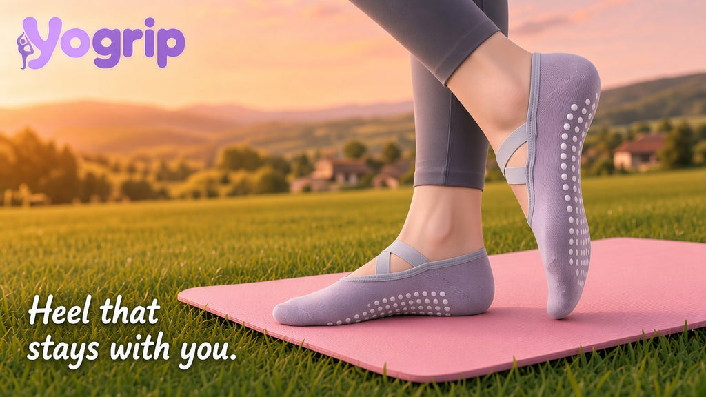 Heel that stays with you grassland poster — Yogrip lavender non-slip grip socks on pink yoga mat