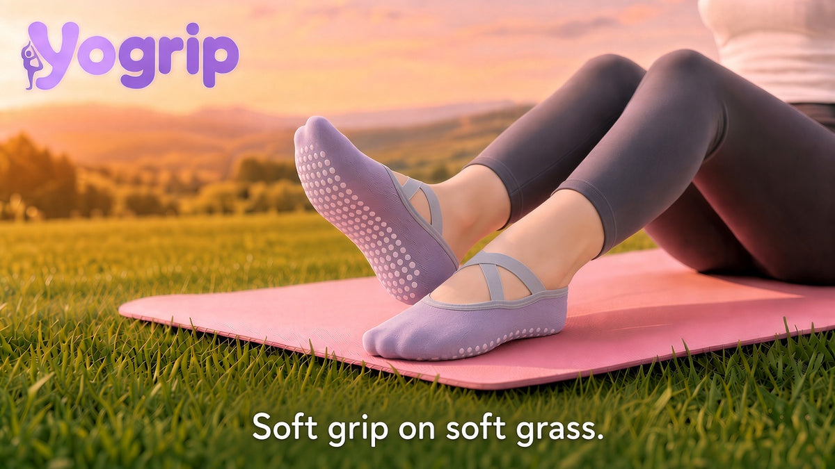 Soft grip grassland lavender poster — Yogrip lavender non-slip grip socks on pink yoga mat in sunset grassland