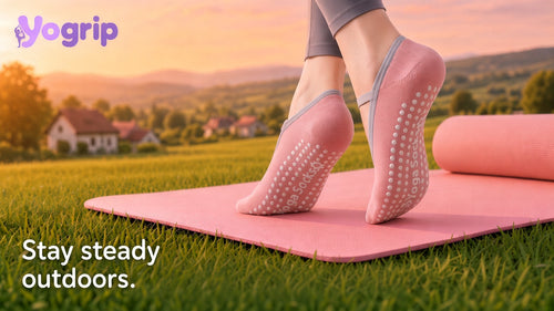 Stay steady outdoors grassland poster — Yogrip soft pink non-slip grip socks on pink yoga mat
